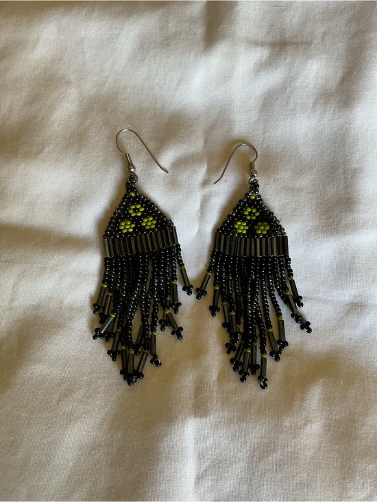 Jewelry - Handmade Beaded Fringe Earrings - Black and Lime